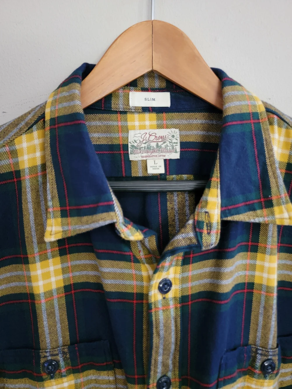 J. Crew Men's Navy and Yellow Plaid Button-Down Shirt Size Slim Large